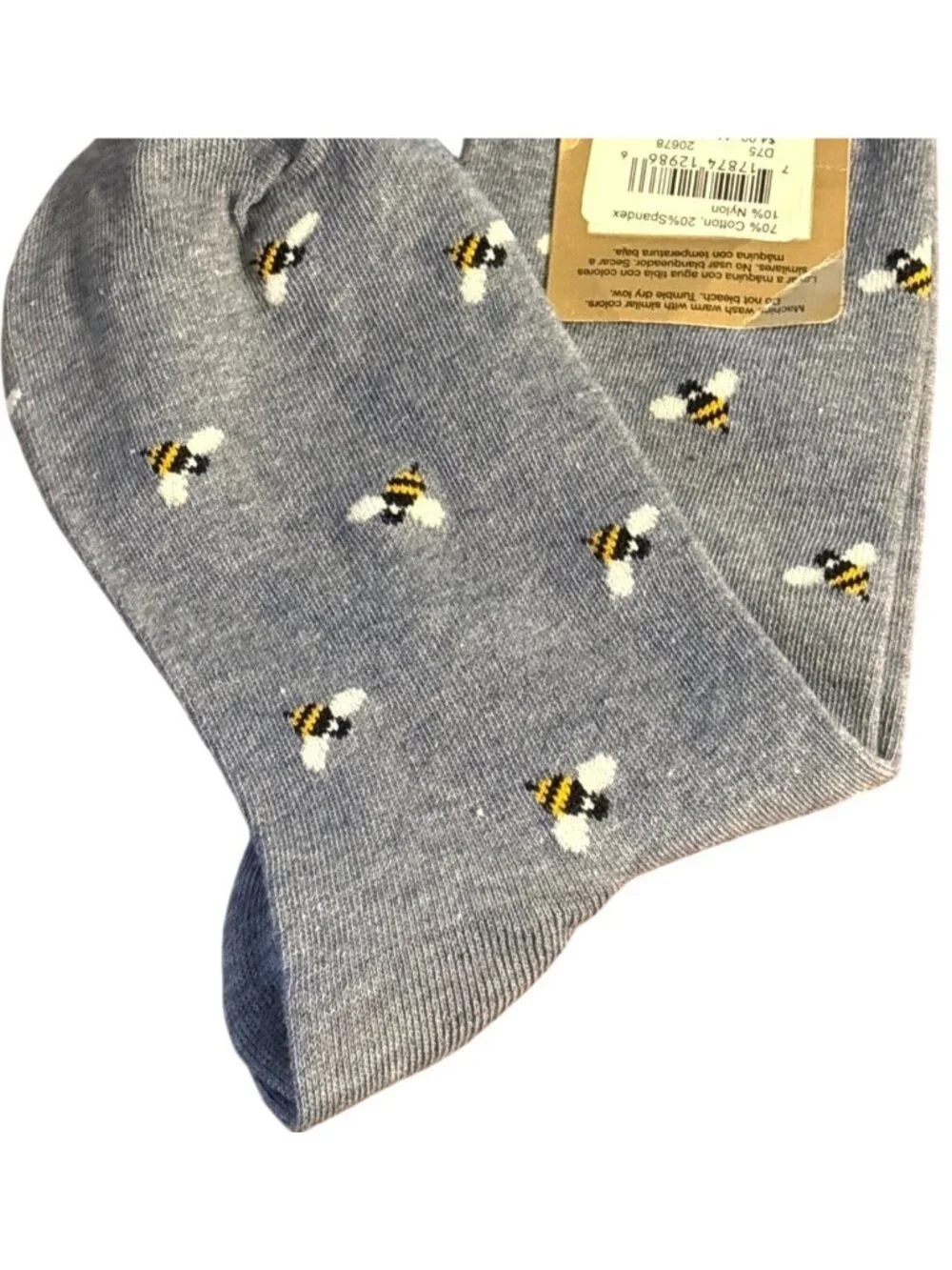 Womens Fashion Leg Express Bee Print Crew Socks 1 Pr Sz 4-10 Gray Yellow NWT